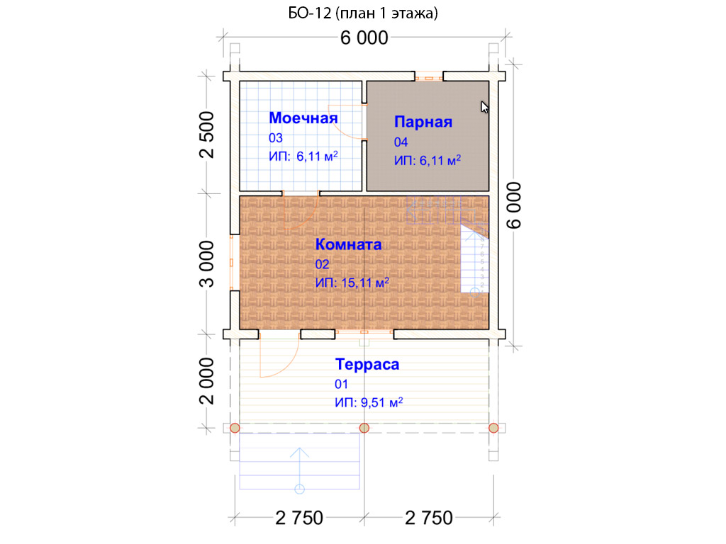 Проект бани БО-12 (6х8м), площадью 48м² из бревна 200мм